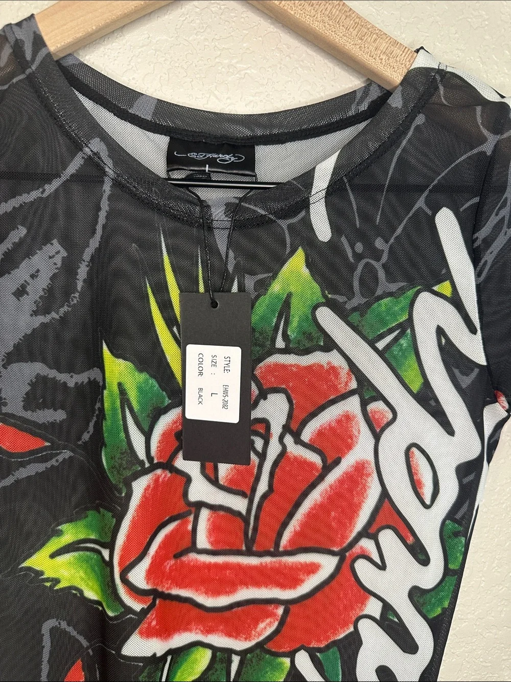 NWT Ed Hardy Black Mesh Swim Cover Up Dress Tattoo Graphic Sz L
